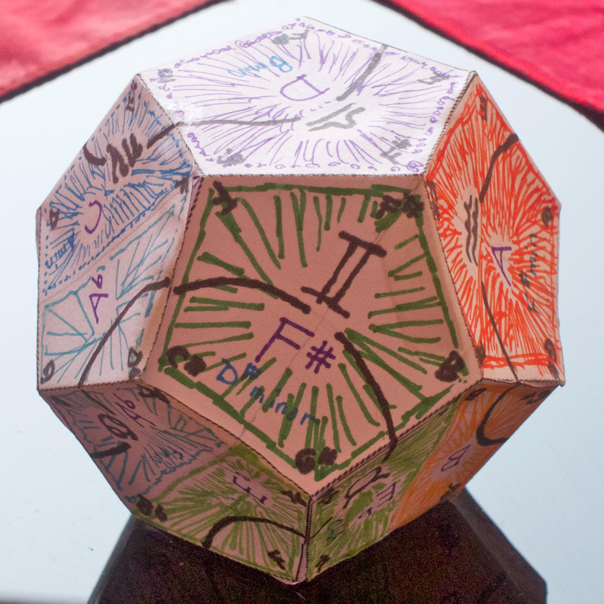 Dodecahedron with zodiac and musical notation